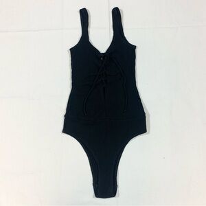 Reformation Womens XS Bodysuit Lace Front Tencel Blend Ribbed Stretchy USA Black